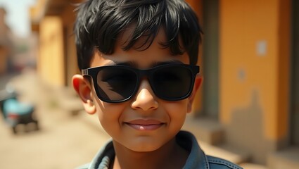 A photorealistic portrait of a young Indian boy wearing sunglasses, conveying joy and confidence, suitable for lifestyle and cultural media and children related ads