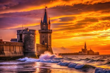 Fototapeta premium Coastal photography captures La Rochelle's Tour de la Lanterne fortress at sunset, a dramatic silhouette.