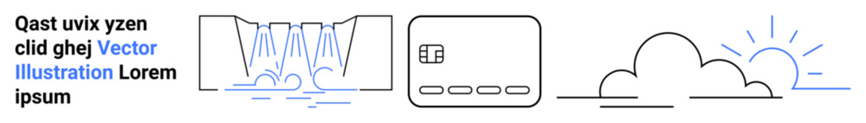 Waterfall cascading into a river, urban cityscape with buildings, cloud with a rising sun. Ideal for nature, urban life, weather, travel, outdoor adventure, relaxation and environmental themes