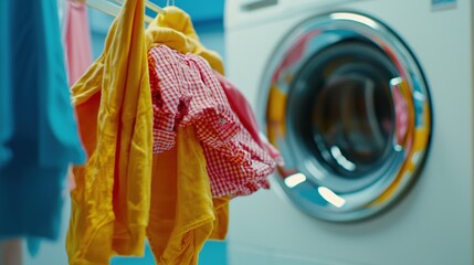 Naklejka premium Freshly Washed Childrens Clothes Drying Near Washing Machine