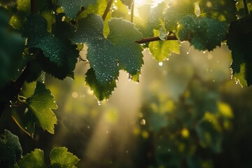 A tranquil foggy morning in a vineyard capturing dew-covered leaves and sunlight beams serene nature scene soft light sublime atmosphere