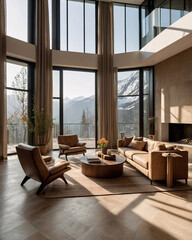 Fototapeta premium Inviting and stylish European living room with beige sofa rustic wood table fireplace and panoramic mountain views Interior Design Inspiration