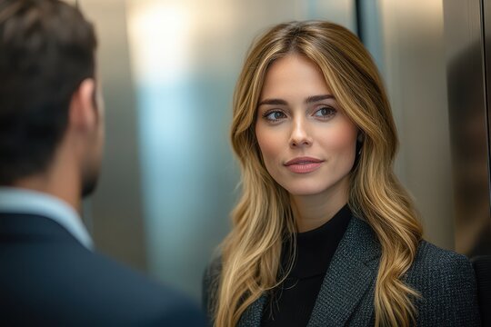 A poised businesswoman confidently exchanges ideas with her male colleague in a modern office elevator as they head to a morning meeting, showcasing professionalism