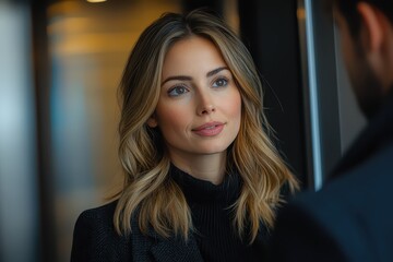 Obraz premium In a contemporary office space bathed in the warm glow of the late afternoon, a poised and self-assured businesswoman engages in an insightful conversation with her male counterpart