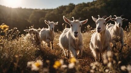 A group of goats running through a flower-filled meadow during golden hour.