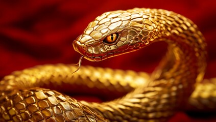 Obraz premium A golden snake coiled on a red background, with exquisite details and a metallic texture. The head is raised high, showing its sharp fangs and powerful body shape.