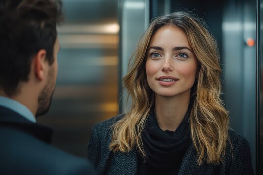 A poised businesswoman engages in a lively and assured conversation with her male colleague while riding an elevator amidst the hustle and bustle of a hectic workday in the heart of the city