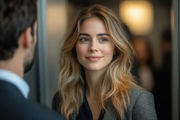 Fototapeta premium Businesswoman engages in confident conversation with male colleague in a professional setting, showcasing strong communication skills during a corporate meeting