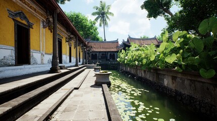 Fototapeta premium Asian canal scene with yellow buildings