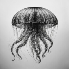 A black-and-white sketch of a jellyfish with intricately shaded tentacles on a clean white backdrop.