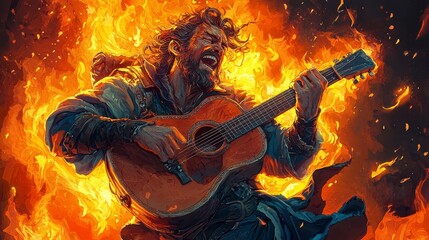 Man Playing Guitar in Flames with Intense Emotion and Passion