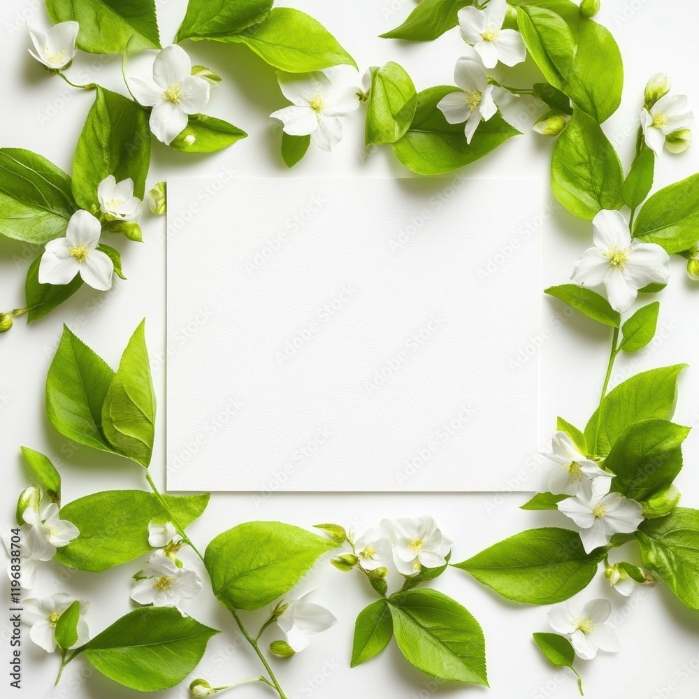 Poster elegant floral border with white blossoms and green leaves creating a space for text on a bright bac