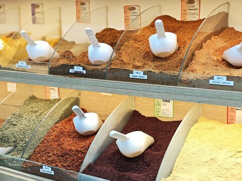 Istanbul, Turkey - November 23, 2024: Various displays of spice variations in the Turkish spice market