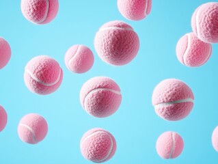 Fototapeta premium Flying pink tennis balls against pastel blue background, tennis balls 