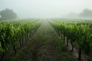 Fototapeta premium Enchanting vineyard in early morning fog lush grape vines serene landscape tranquil environment ethereal viewpoint for captivating wine lovers