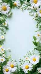 Fototapeta premium Flat lay top view of a natural festive spring frame background with daisy flowers. Floral border with spring celebration vibes. Copy space. Generative AI. 