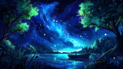 Naklejka premium Enchanted Night Sky Over Calm Waters with Boat and Lush Trees