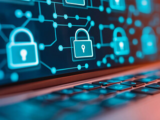 Secure digital network with padlock icons on laptop screen, symbolizing online safety and risk analysis