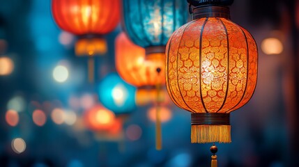 Illuminated Asian lanterns hanging outdoors at night.