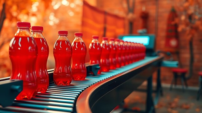 Red beverage bottles on conveyor belt.