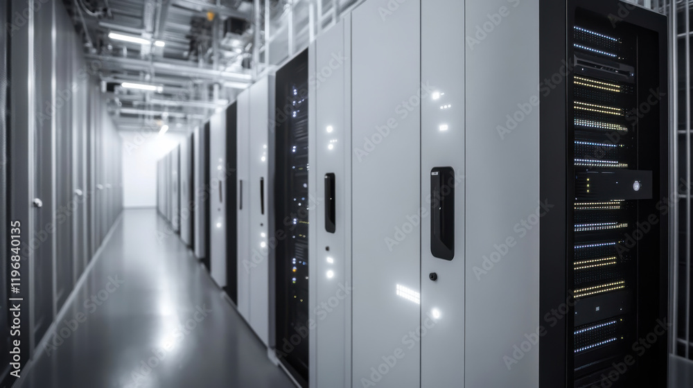 Poster data center with illuminated server racks showcasing advanced technology and futuristic design in a 