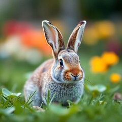 Fototapeta premium Cute bunny rabbit sitting in green grass with blurred colorful flowers in background.