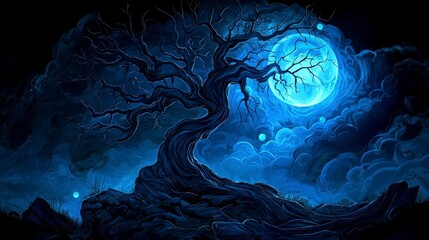 Obraz premium Moonlit Night with Gnarled Tree under Dark Blue Sky