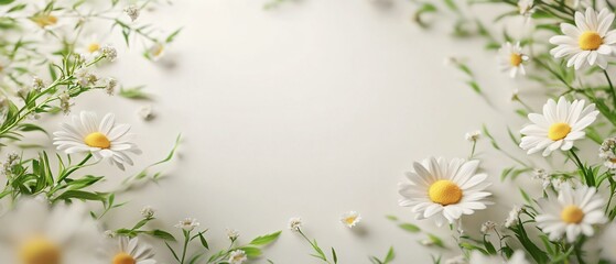 Front view of a natural festive spring frame background with daisy flowers. Floral border with spring celebration vibes. Copy space. Generative AI.