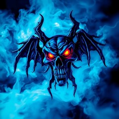 Glowing demonic skull with wings in blue smoke.
