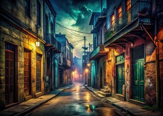Fototapeta premium Grungy urban night. Low light, vintage feel. Mysterious alley whispers secrets in the dark.
