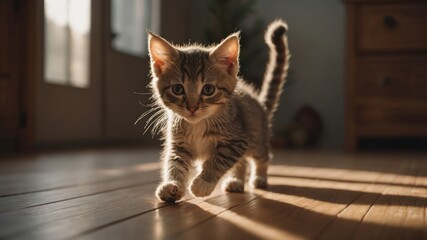 A playful kitten walks across a sunlit wooden floor, casting soft shadows.