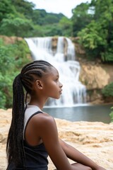 A young woman with dreadlocks sits on a rock near a waterfall. Concept of peace and tranquility, as the woman takes in the beauty of the natural surroundings