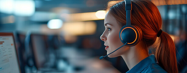 Customer service representative using headset in modern office environment, focused on assisting clients with inquiries