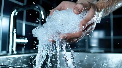 Fototapeta premium Refreshing Water Flowing Through Hands Clean Pure Hydration