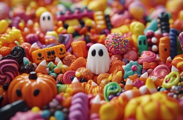 Colorful assortment of Halloween-themed candies and treats featuring ghost shapes, vibrant colors, and lively patterns perfect for festive celebrations and spooky decor.