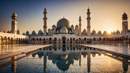 The appearance of a mosque, a place of worship for Muslims in Arabia, seen from the front. With a magnificent architectural design