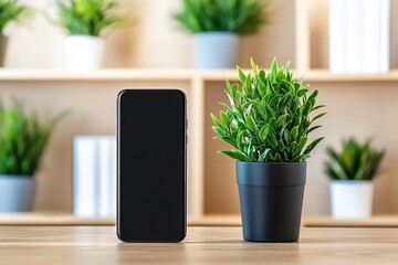 Modern Smartphone and Plant on Wooden Table Minimalist Home Office Setup