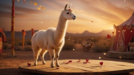 A whimsical llama stands on a stage decorated with hearts against a sunset backdrop.