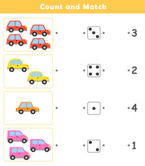 Count and Match Worksheet. Counting educational children game. Math kids activity sheet. How many counting game with cute car illustration.	
