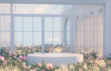 Natural beauty podium backdrop with spring rose flowers scene. 3d rendering.