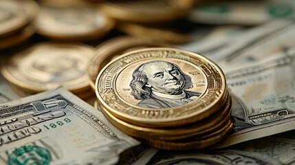 Wealthy investment with gold coins and dollar bills creating rich atmosphere