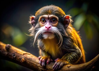 Mustachioed monkey, night portrait.  Low light captures wildlife detail in its arboreal habitat.