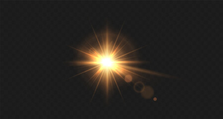 Light yellow star.Light sunny sparkle. White light flash gold. Vector illustrator. lighting effects. Beam a spotlight and a star with bokeh and dust. Glowing abstract isolated lenses with light effect