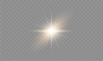 Light yellow star.Light sunny sparkle. White light flash gold. Vector illustrator. lighting effects. Beam a spotlight and a star with bokeh and dust. Glowing abstract isolated lenses with light effect