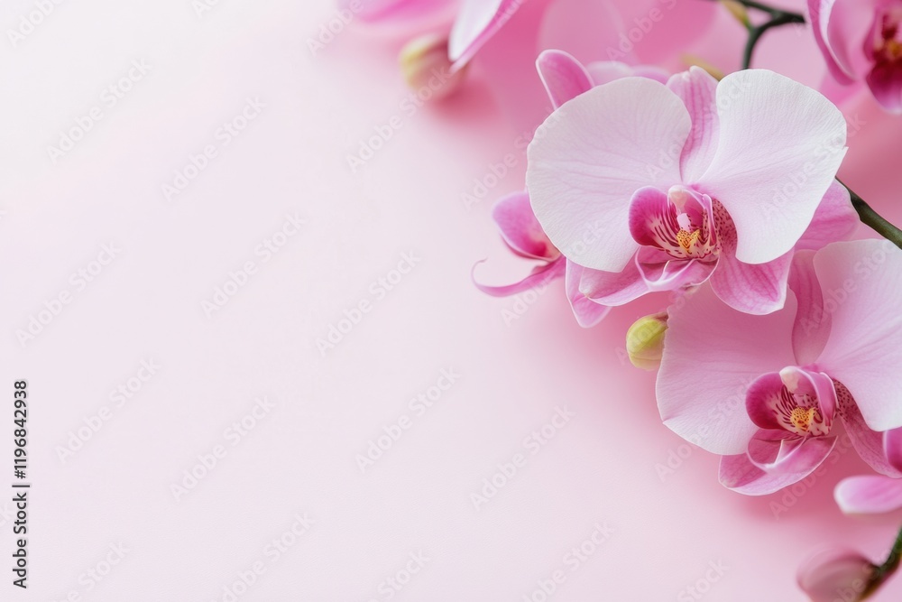 Poster Beautiful pink orchids on soft pink background with empty space for text and branding. Generative AI