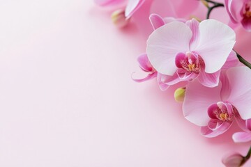 Beautiful pink orchids on soft pink background with empty space for text and branding. Generative AI