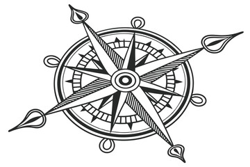 Compass rose, black and white, detailed illustration, directional, navigational instrument, vintage nautical design, symmetrical, ornate, wind rose, cardinal points, intricate linework, vector graphic