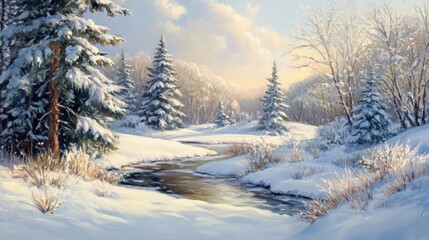 Serene winter landscape painting featuring a snow-covered forest and a gentle stream