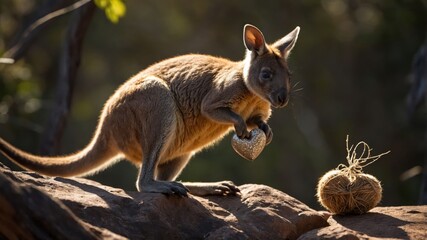 A kangaroo holds a heart-shaped object near a natural setting.