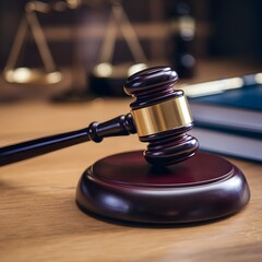 Gavel with scales of justice and books in background. Concept of justice.